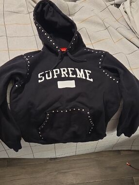 Supreme Black Hoodie with White Logo and Stud Detailing - Men